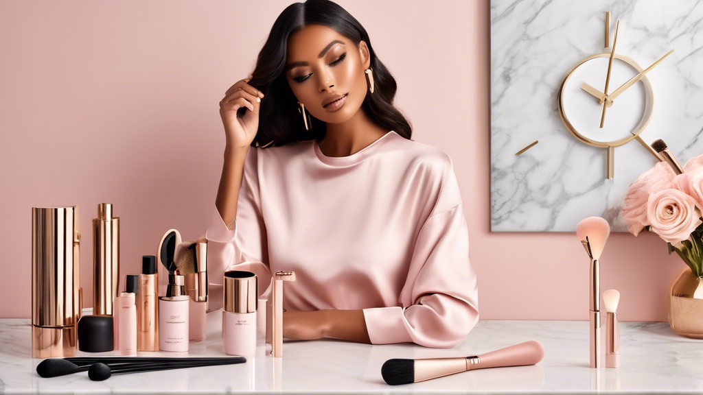 Woman in a silky pink top sits at a marble table with a stylish beauty set, surrounded by rose gold makeup products, embodying a quick glam look.