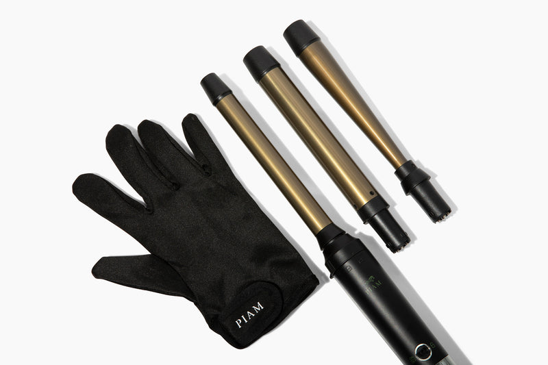 Hair Curler Set Infrared 3X PIAM with three interchangeable barrels and protective glove for safe styling.